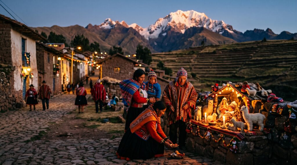 Andean Christmas village scene at dusk: Quechua family gathered around a handmade nacimiento with hand-carved figures and llamas, snow-capped Andean peaks in background