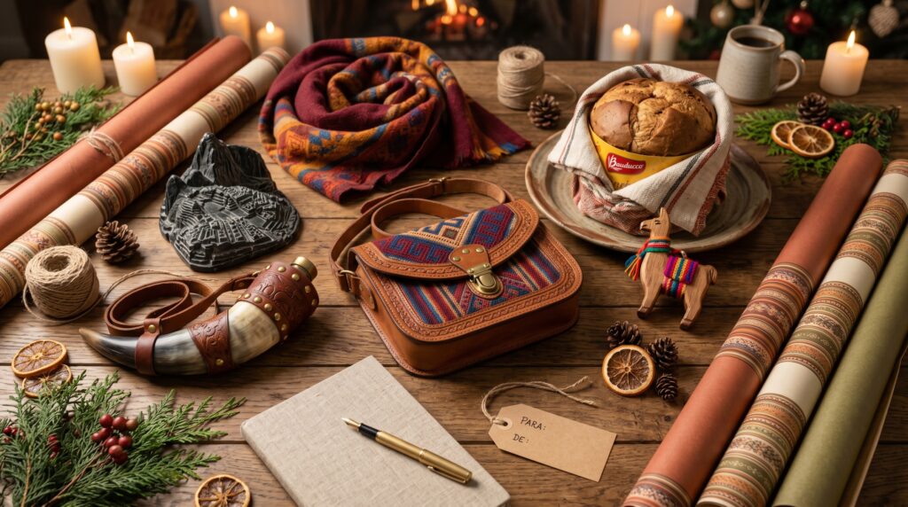 Flatlay of handmade Peruvian Christmas gifts: leather crossbody bag with Andean textile, bull horn flask, carved Machu Picchu sculpture, alpaca scarf, panetón, wooden llama ornament, and wrapping supplies