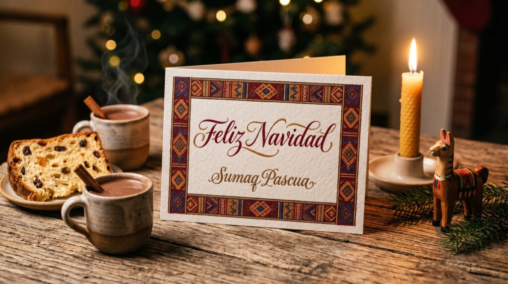 Peruvian Christmas card with Feliz Navidad in Spanish and Sumaq Pascua in Quechua, surrounded by panetón, hot chocolate, candle, and carved llama figurine