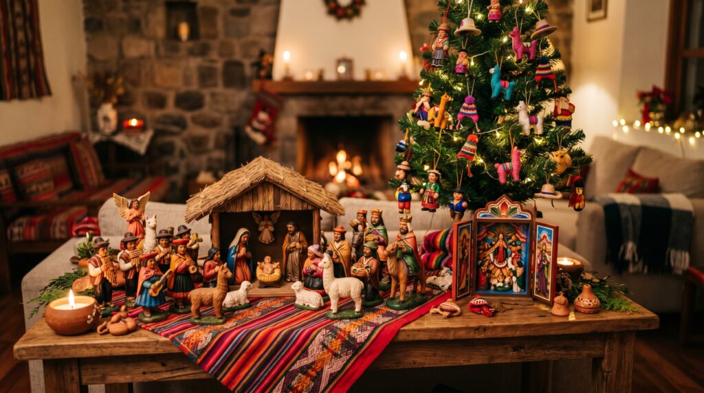 Peruvian Christmas living room with traditional nacimiento, Christmas tree decorated with handmade Andean wooden ornaments, retablo from Ayacucho, and handwoven textile runner