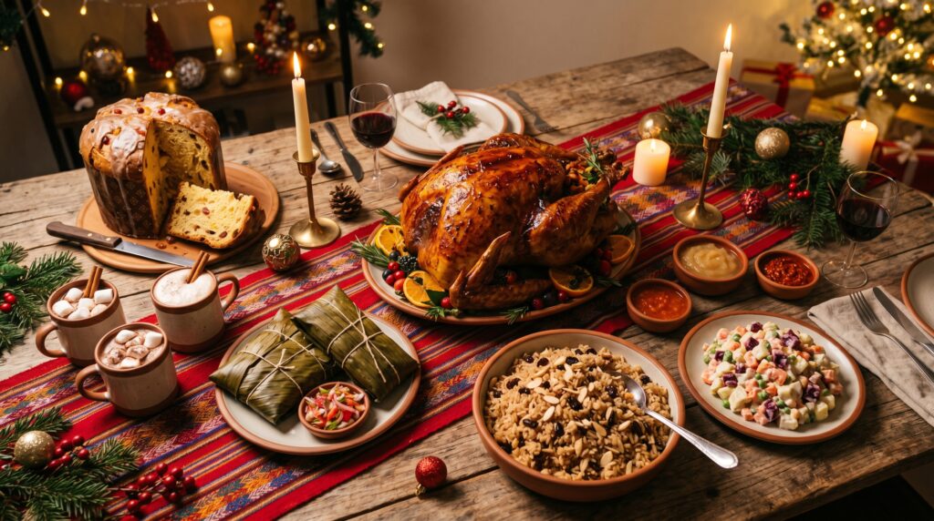 Peruvian Christmas Eve dinner spread with pavo navideño, panetón, hot chocolate, tamales, arroz arabe, and ensalada rusa on a wooden table with Andean textile runner