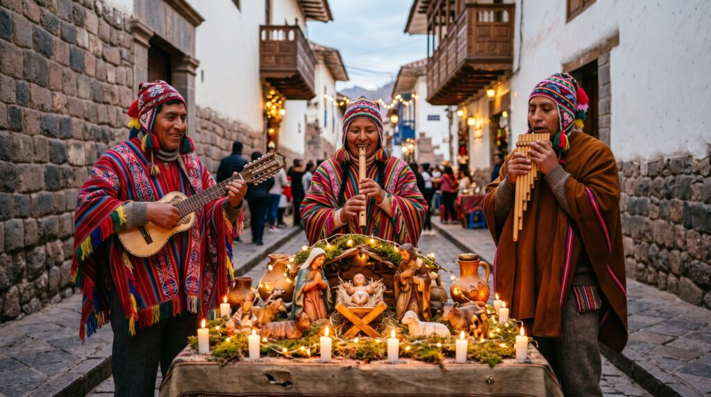 Andean musicians playing charango, quena, and zampona at a Peruvian Christmas Eve gathering with a nativity scene in Cusco