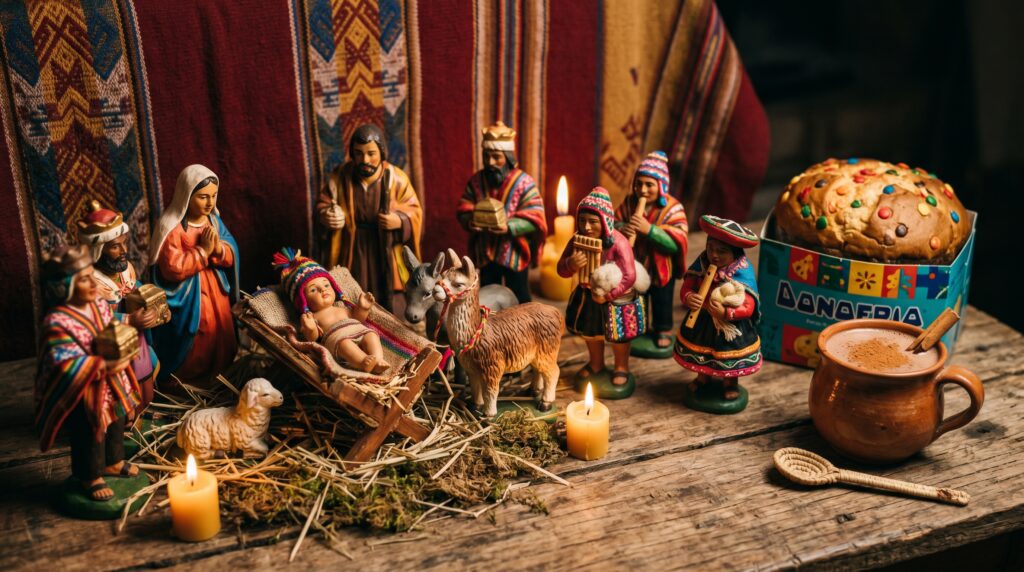 Peruvian Christmas nativity scene with hand-carved Andean figures, panetón, and hot chocolate