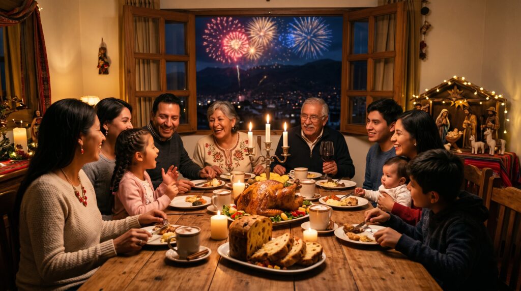 Three generations of a Peruvian family at the Christmas Eve dinner table, with pavo navideño, panetón, hot chocolate, a nacimiento, and fireworks over the Andes through the window