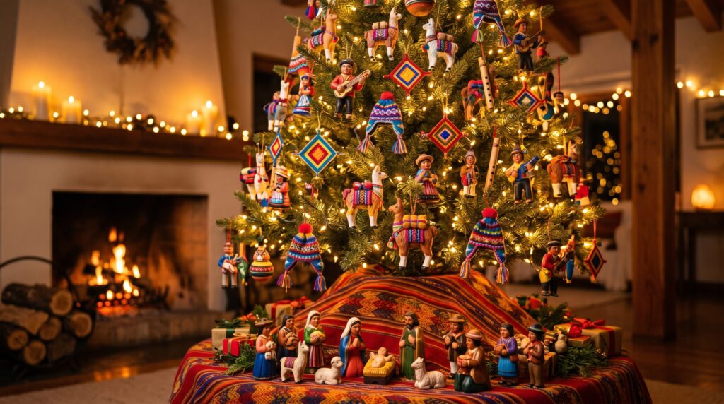 Peruvian Christmas tree decorated with handmade Andean wooden ornaments (llamas, chullos, musicians), nacimiento at the base, handwoven Andean textile as tree skirt