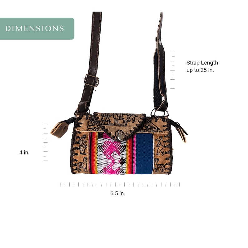 Handmade Peruvian Leather Crossbody Bag (Small) - Cusco Andean Textile - Image 2