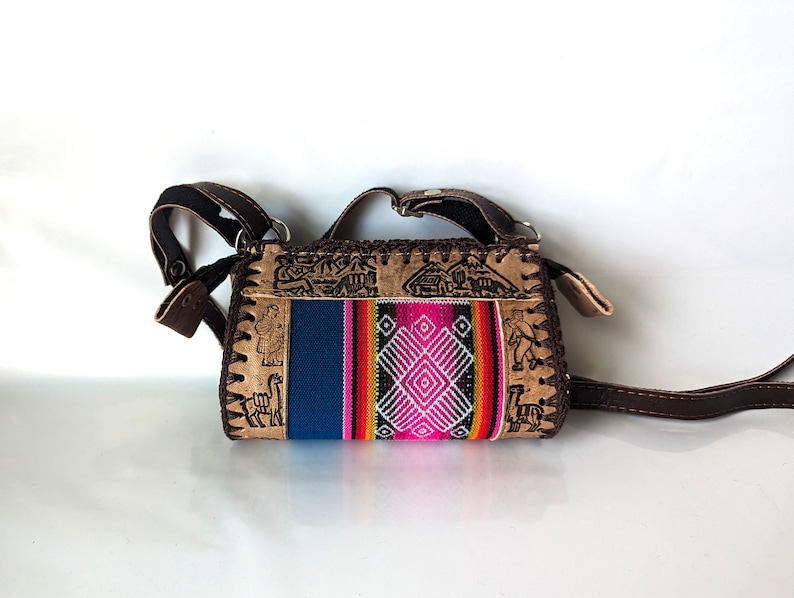 Handmade Peruvian Leather Crossbody Bag (Small) - Cusco Andean Textile - Image 3