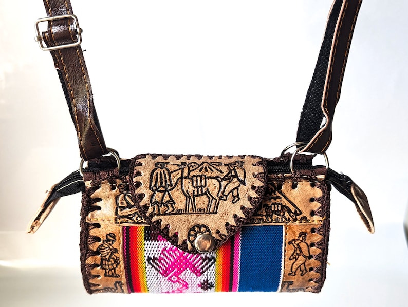 Handmade Peruvian Leather Crossbody Bag (Small) - Cusco Andean Textile - Image 6